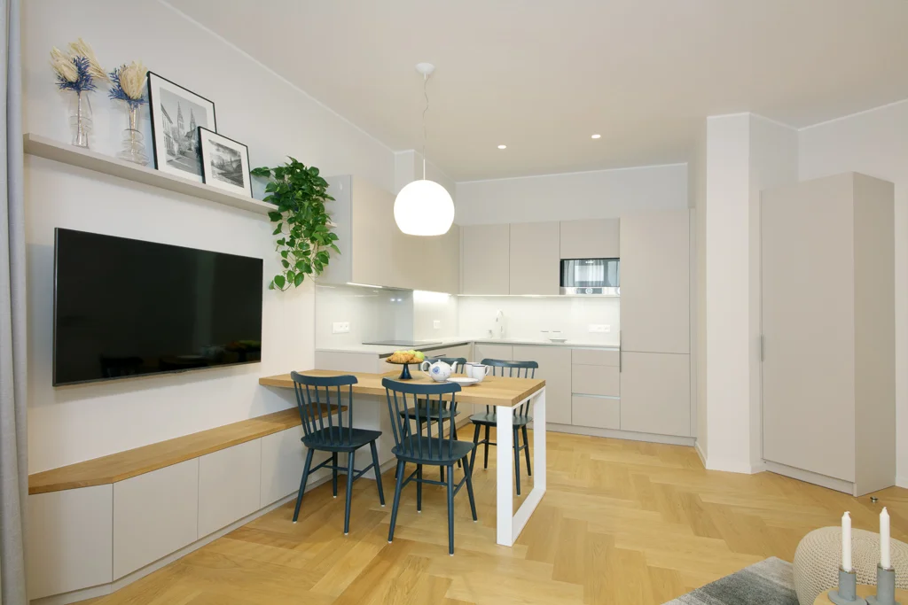 Small kitchen and living room combo/ Interior design Prague Olina Puchalova Delicato Design
