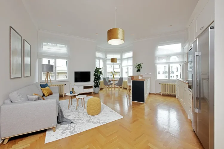 Obývací pokoj a celodřevěná kuchyně v prvorepublikovém bytě/ Interiérový designer Praha Olina Puchalová