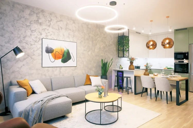 Modern living room and green kitchen/Interior designer Prague Olina Puchalova